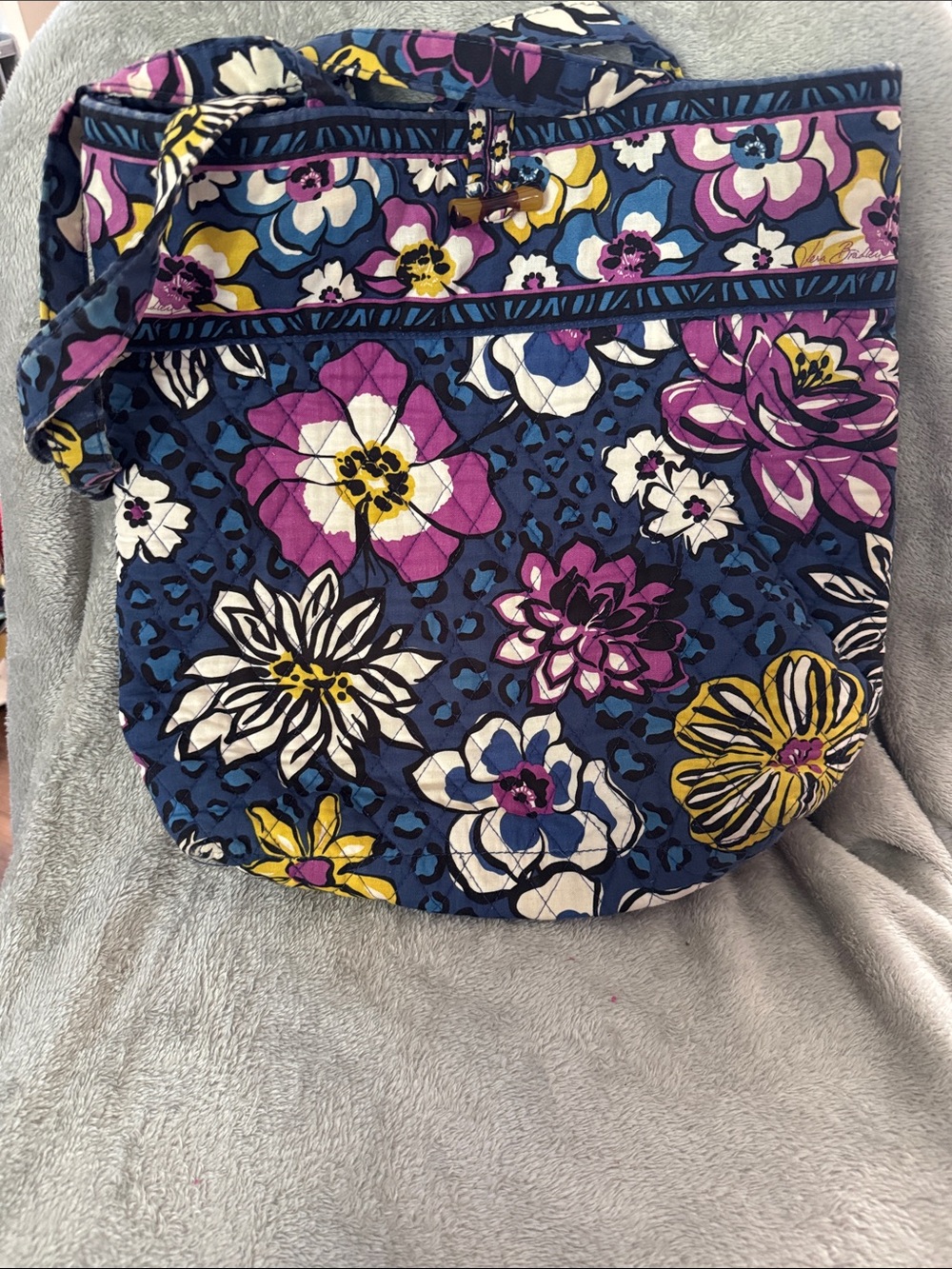 Quilted Vera Bradley Floral Tote Bag in Navy, Purple & Yellow